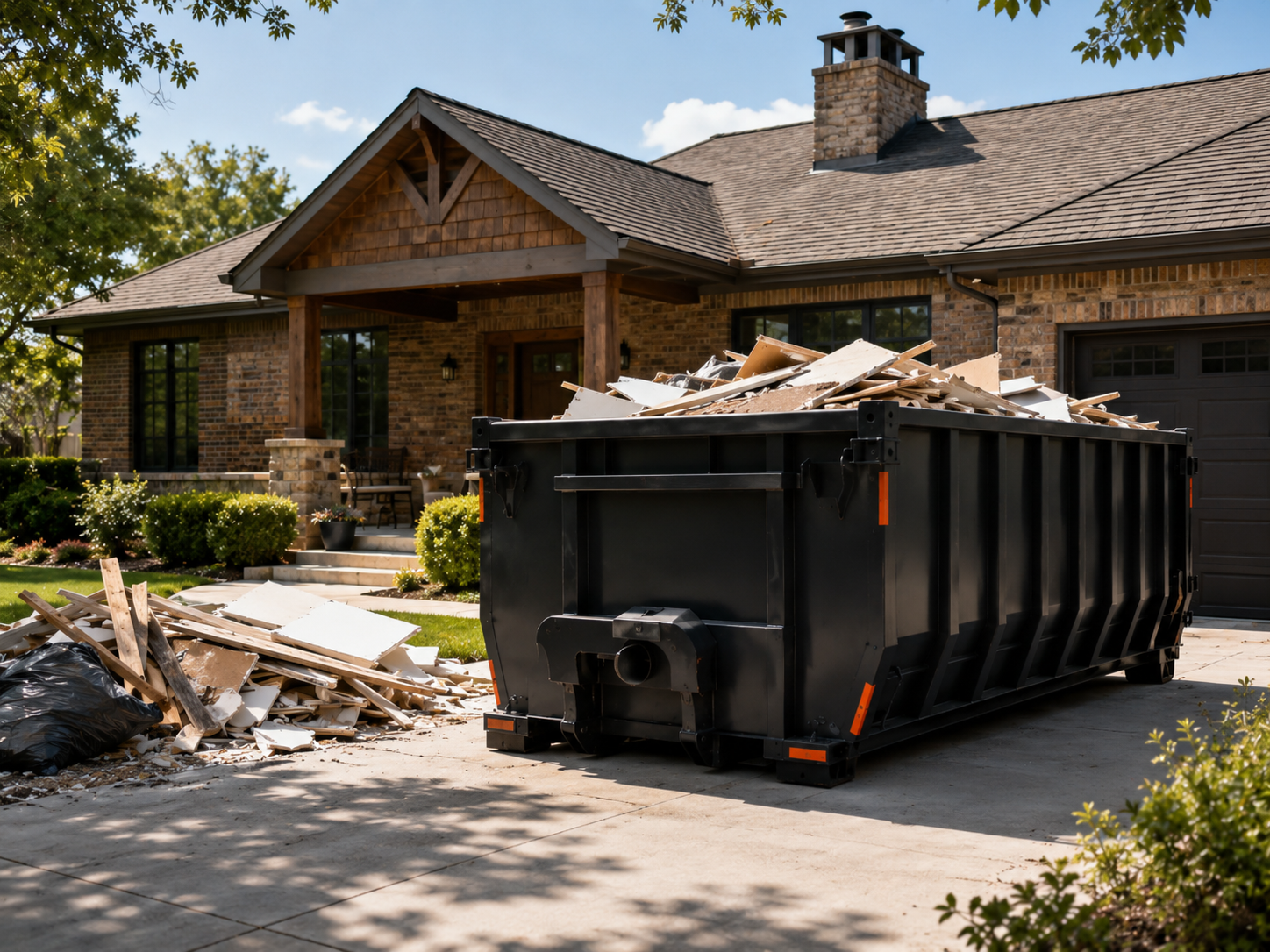 Roll-off dumpster rental at a residential home cleanout and renovation project